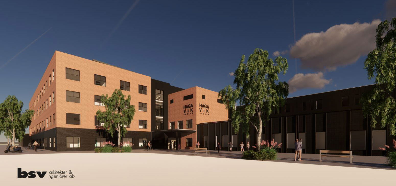 En skiss över en grå byggnad, på fasaden står det Hagavikskolan.