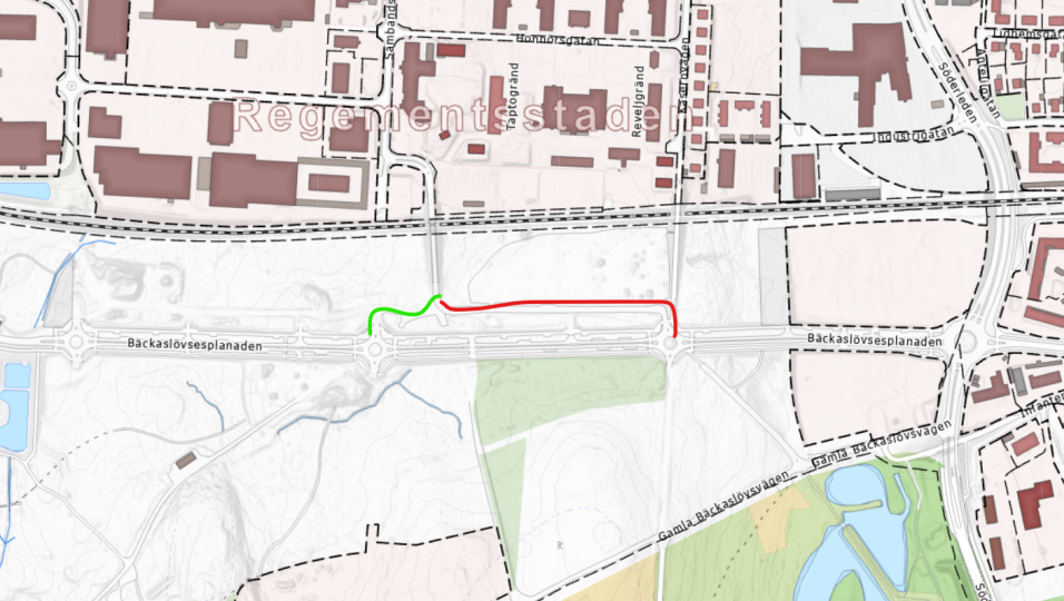 Ny anslutningsväg visas i med grön linje i karta. Tidigare anslutningsväg visas med röd linje i karta. 