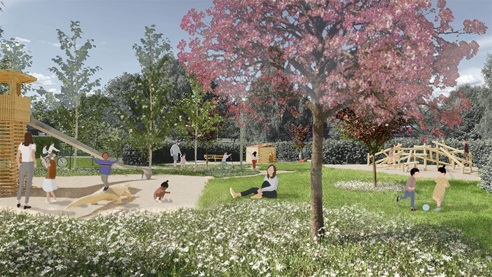 Visualisering av Stocköparken efter ombyggnation. Lekmiljö i park med blommande rabatter och träd. Barn som leker.