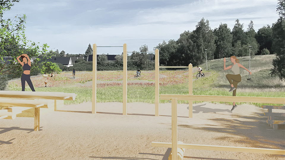 Visualisering av nytt utegym och pumptrackbana vid Linnés arboretum. Två personer tränar på utegymet. Pumptrackbana i bakgrunden.